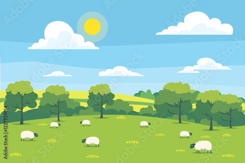 Rural landscape of a beautiful field with cute sheep in the meadow, against the backdrop of forest, hills and blue sky with clouds. Beautiful sunny day on the farm. Sheep on the field.