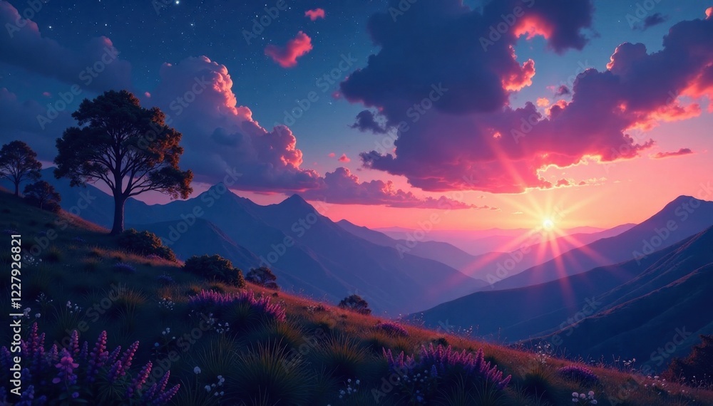 Naklejka premium Celestial landscape at dusk, atmosphere, celestial