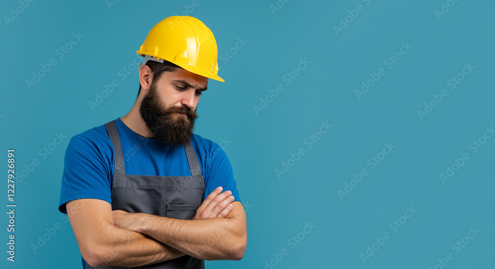 Man in hard hat with beard and arms crossed looks down. Construction worker in gray overalls and blue shirt with industrial safety equipment Man in hard hat with beard and arms crossed looks down. Construction worker in gray overalls and blue shirt with industrial safety equipment