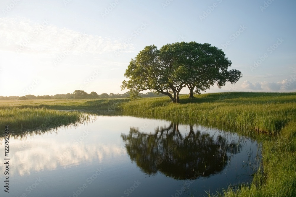 Golden hour reflection symmetrical trees and calm pond landscape in nature’s embrace Golden hour reflection symmetrical trees and calm pond landscape in nature’s embrace