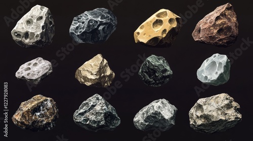 Stone asteroids realistic vector illustration. Meteor or space boulder or rock with craters isolated icon set on white background, various form photo