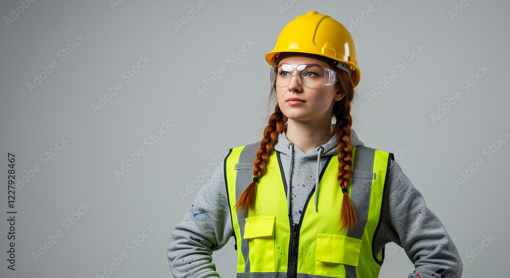 Female construction worker with yellow hard hat and safety glasses. Construction worker wearing safety vest and gray sweatshirt with paint splatters Female construction worker with yellow hard hat and safety glasses. Construction worker wearing safety vest and gray sweatshirt with paint splatters