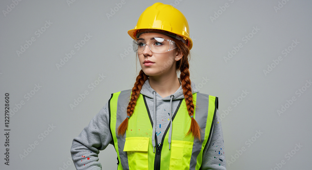 Female construction worker with safety glasses and hard hat. Construction worker in safety vest and hard hat looking away Female construction worker with safety glasses and hard hat. Construction worker in safety vest and hard hat looking away