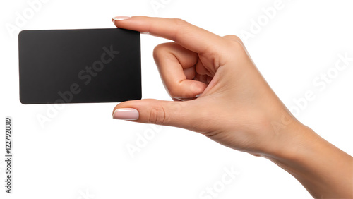 Female hand holding black card blank isolated on white background, transparent PNG cutout, business payment credit debit gift card mockup for social media post, web banner, 4K high-quality download
