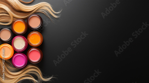 Wavy blonde hair with colorful hair dye jars arranged on dark background, creating vibrant and artistic display. contrast highlights beauty of hair and color photo