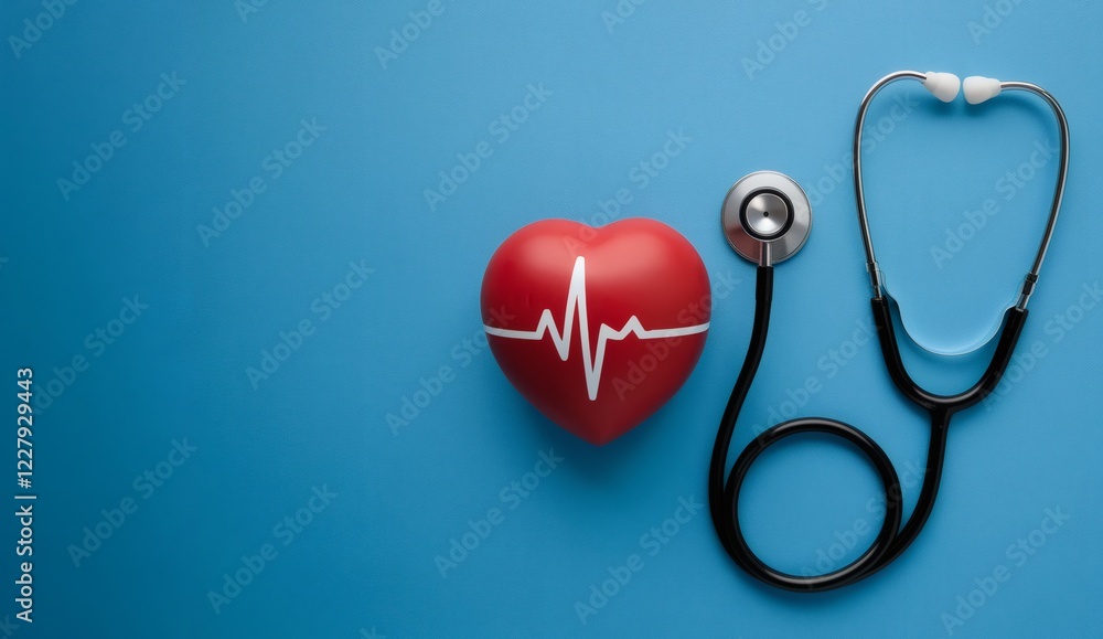medical stethoscope flat lay with a red heart on a blue background symbolizing cardiology healthcare diagnosis and professional medical equipment medical stethoscope flat lay with a red heart on a blue background symbolizing cardiology healthcare diagnosis and professional medical equipment