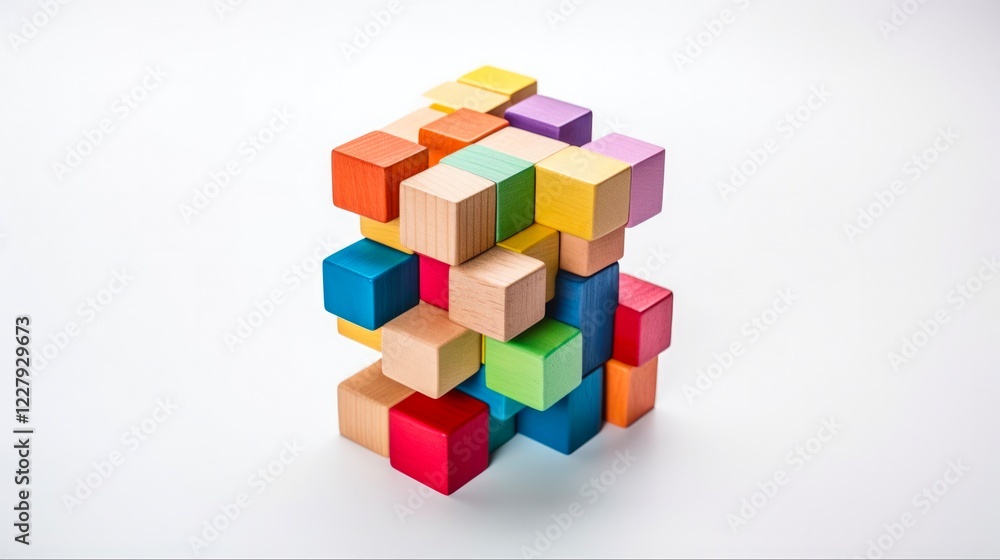 Logical Decision Making. Cube Made of Multicolored Wooden Figures on White Background as a Visual Representation of Logical Thinking Logical Decision Making. Cube Made of Multicolored Wooden Figures on White Background as a Visual Representation of Logical Thinking