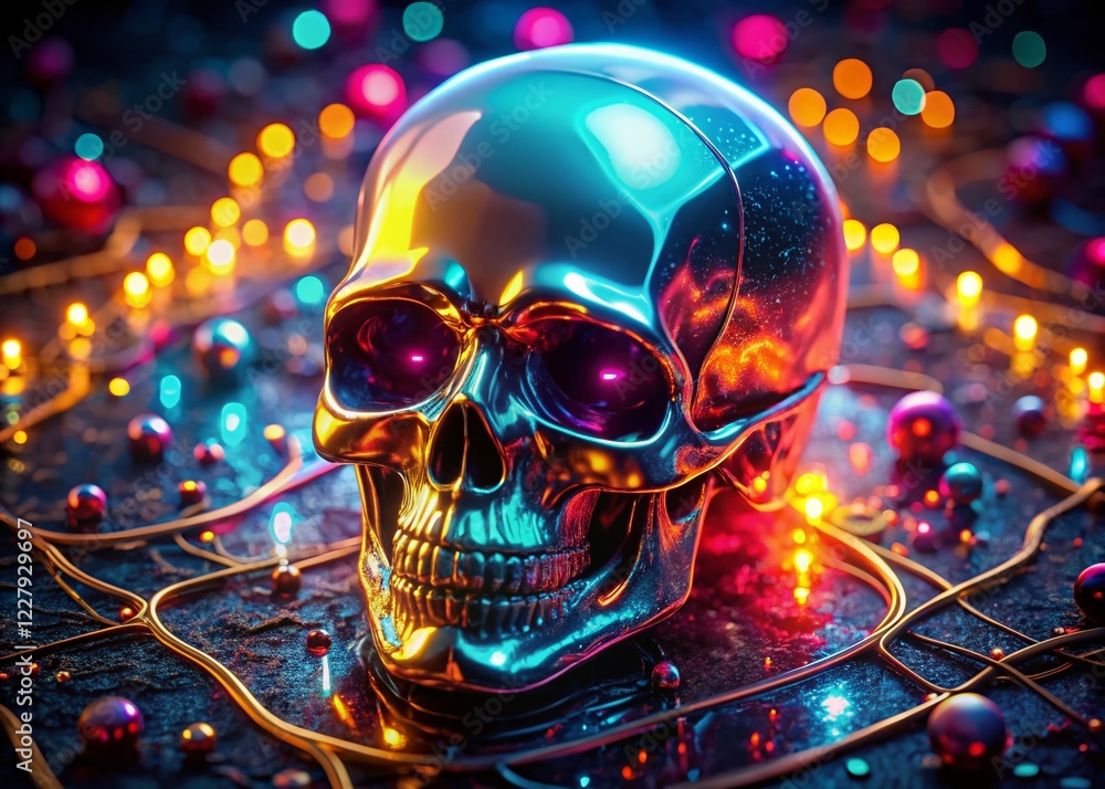 Glowing Neon Skull Drone Shot - Futuristic Metallic Skull Aerial Photography Glowing Neon Skull Drone Shot - Futuristic Metallic Skull Aerial Photography