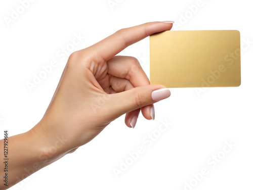 Female hand holding gold card blank isolated on white background, transparent PNG cutout, business payment credit debit gift card mockup for social media post, web banner, 4K high-quality download
