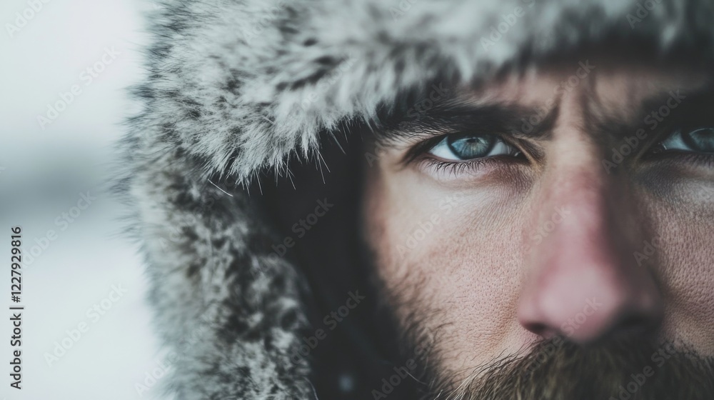 Close-up portrait of a man with blue eyes, wearing a fur hat in snowy weather. Close-up portrait of a man with blue eyes, wearing a fur hat in snowy weather.