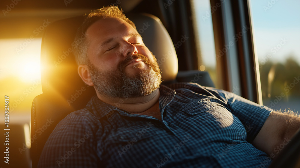 Fototapeta premium truck driver resting peacefully in cabin, enjoying warm sunlight. serene atmosphere captures moment of relaxation and tranquility