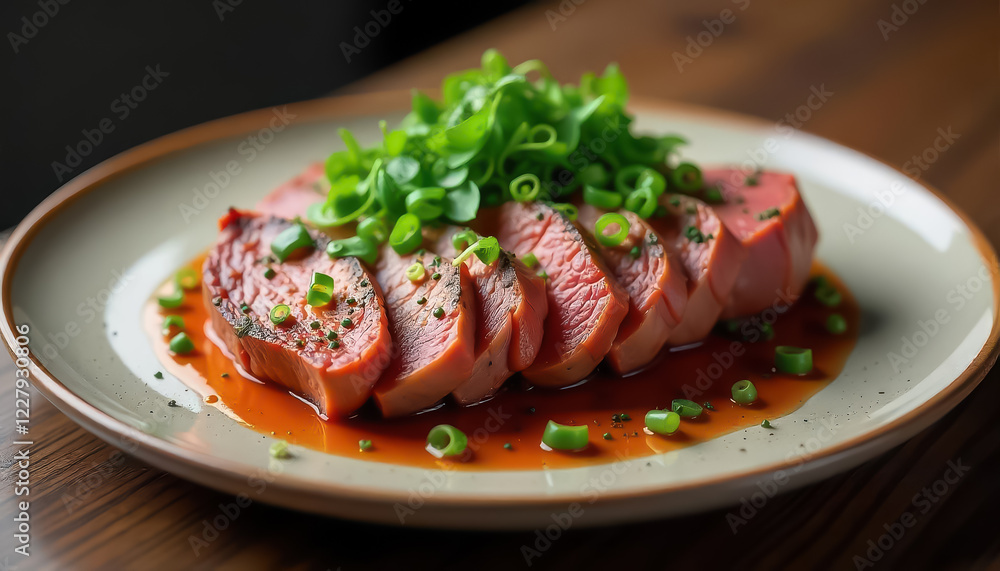 Culinary Art of Sustainable Meat Dish with Fresh Greens and Sauce Culinary Art of Sustainable Meat Dish with Fresh Greens and Sauce