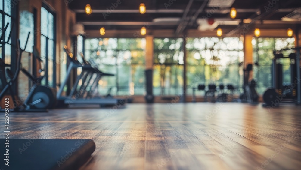 Fototapeta premium Modern Fitness Center Interior: A Blurry View of Cardio Equipment and Wooden Flooring