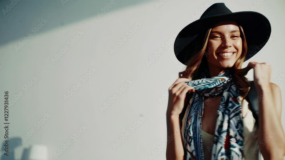 Portrait of a fashionable young woman wearing casual outfit, including a hat and scarf, confidently smiling while carrying her backpack and posing Portrait of a fashionable young woman wearing casual outfit, including a hat and scarf, confidently smiling while carrying her backpack and posing
