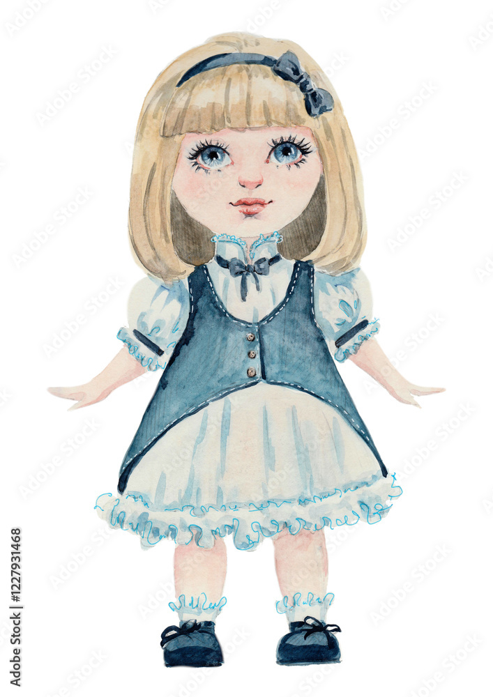 Doll in a blue dress, illustration painted with watercolors Doll in a blue dress, illustration painted with watercolors