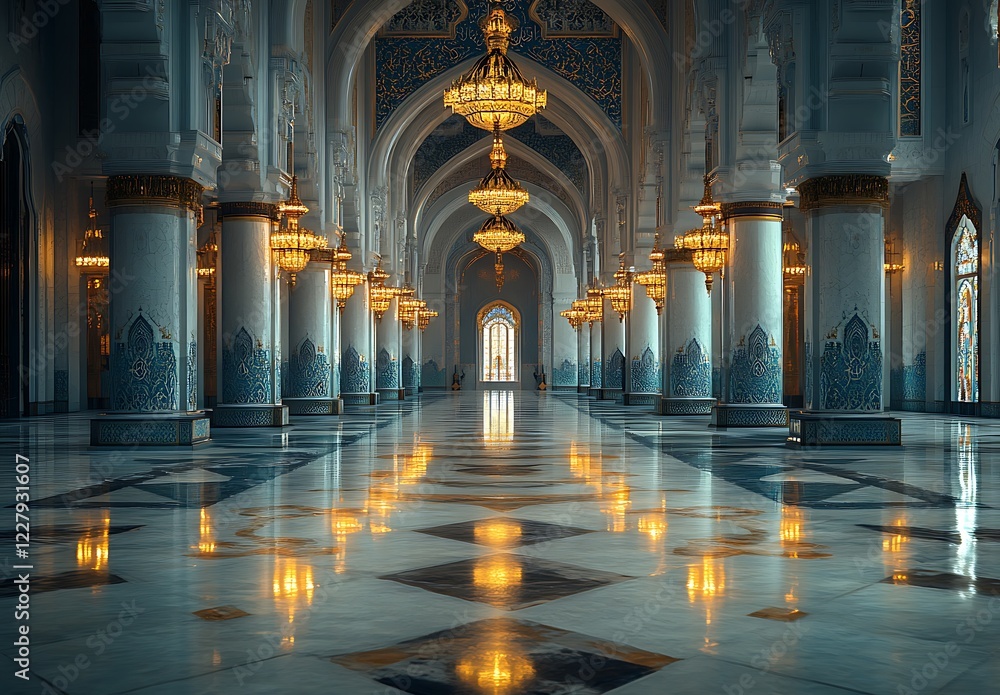 Grand Mosque Hallway with Ornate Chandeliers, Arches, and Marble Floor Reflections
Grand Mosque Hallway with Ornate Chandeliers, Arches, and Marble Floor Reflections