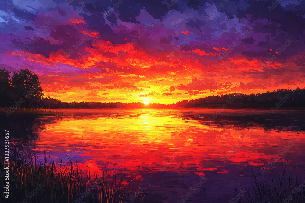 Dramatic sunset over a serene lake reflecting vibrant hues of orange, purple, red, and pink Dramatic sunset over a serene lake reflecting vibrant hues of orange, purple, red, and pink