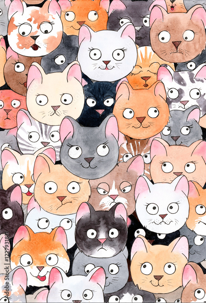 Background of many kittens, watercolor illustration Background of many kittens, watercolor illustration