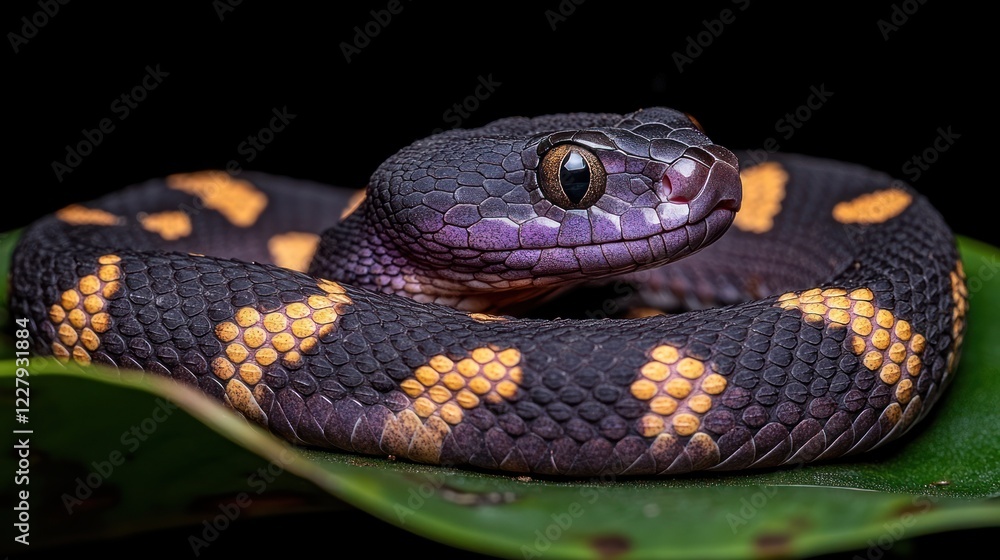 Jungle snake, coiled, leaf, dark background Jungle snake, coiled, leaf, dark background