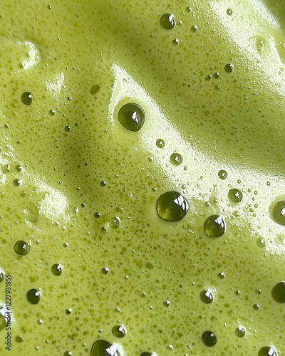 Gros plan mousse onctueuse de matcha latte, macro esthétique pour réseaux sociaux, boisson trendy coffee shop, thé vert café mousseux photo