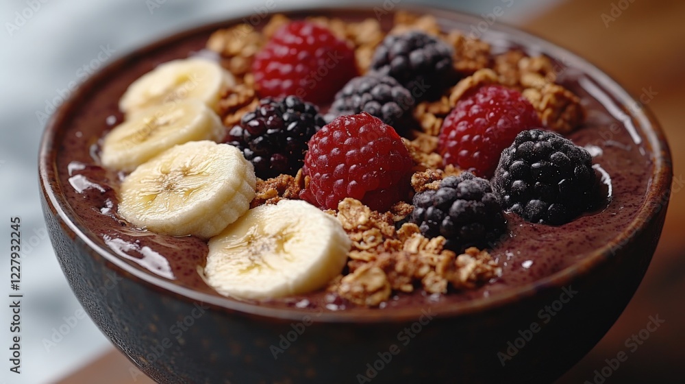 Bowl of Acai Smoothie Topped With Fresh Berries and Granola During a Sunny Morning Brunch at a Cozy Cafe. Generative AI Bowl of Acai Smoothie Topped With Fresh Berries and Granola During a Sunny Morning Brunch at a Cozy Cafe. Generative AI