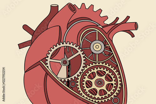 steampunk heart, mechanical gears, clockwork, biomechanical, intricate details, metallic textures, silver and bronze cogs, red organic tissue, hyper-realistic, 3D rendering, high contrast, studio ligh