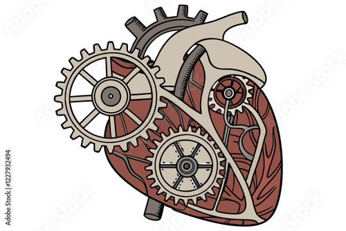 steampunk heart, mechanical gears, clockwork, biomechanical, intricate details, metallic textures, silver and bronze cogs, red organic tissue, hyper-realistic, 3D rendering, high contrast, studio ligh