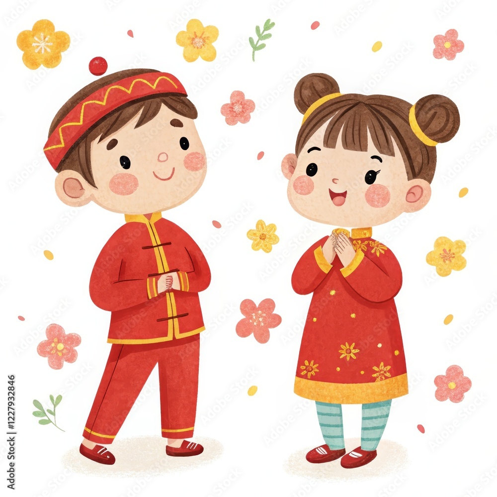 Happy Children in Traditional Attire - Two joyful children are dressed in traditional outfits, surrounded by colorful flowers and cheerful motifs, creating a festive atmosphere. Happy Children in Traditional Attire - Two joyful children are dressed in traditional outfits, surrounded by colorful flowers and cheerful motifs, creating a festive atmosphere.