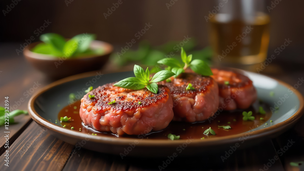 Gourmet Cooking Focus on Premium Meat Patties with Fresh Herbs Gourmet Cooking Focus on Premium Meat Patties with Fresh Herbs