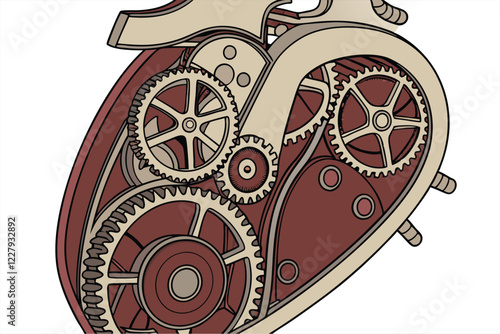 steampunk heart, mechanical gears, clockwork, biomechanical, intricate details, metallic textures, silver and bronze cogs, red organic tissue, hyper-realistic, 3D rendering, high contrast, studio ligh