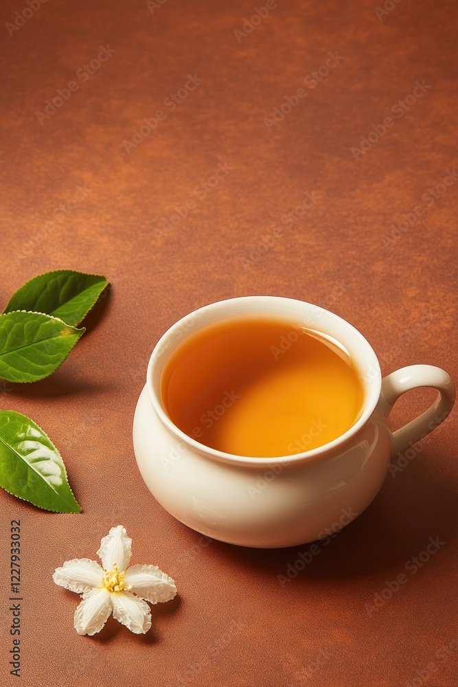 food photography of top-down view of teapot and cup of green tea infused with jasmine flowers illuminated by bright food photography of top-down view of teapot and cup of green tea infused with jasmine flowers illuminated by bright