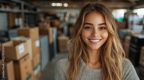 A young woman with long blonde hair smiles at the camera in a warehouse. Free Download A young woman with long blonde hair smiles at the camera in a warehouse. - GFXLoad