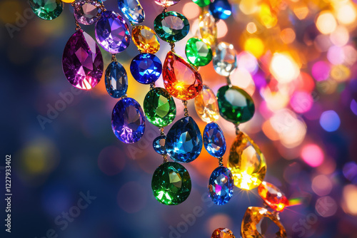 Gemstones cascade in mid-air displaying brilliant colors of sapphires, emeralds, and topazes against a dazzling blurred background photo