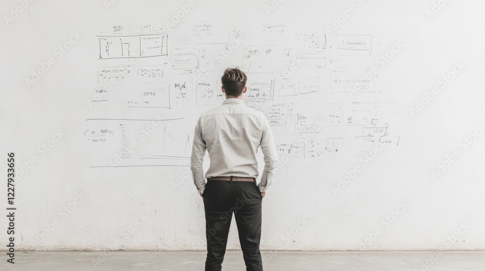 Man reviewing whiteboard diagrams, planning strategy. Man reviewing whiteboard diagrams, planning strategy.