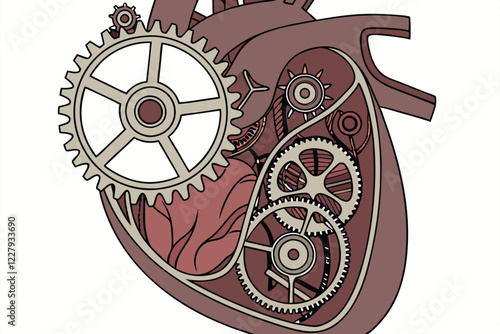 steampunk heart, mechanical gears, clockwork, biomechanical, intricate details, metallic textures, silver and bronze cogs, red organic tissue, hyper-realistic, 3D rendering, high contrast, studio ligh