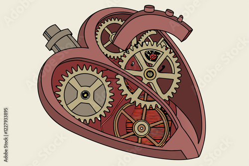 steampunk heart, mechanical gears, clockwork, biomechanical, intricate details, metallic textures, silver and bronze cogs, red organic tissue, hyper-realistic, 3D rendering, high contrast, studio ligh