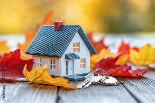 A small model house sits on wooden planks surrounded by colorful autumn leaves, with keys nearby, symbolizing home ownership and seasonal change.