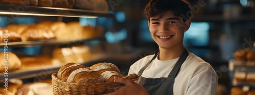A young man is working in the bakery of a supermarket. He is smiling and holding a loaf of bread,
