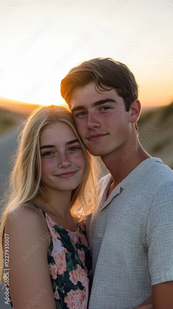 Young couple embracing during golden hour sunset, with warm backlight creating a romantic silhouette effect. Her floral dress and his white shirt complement the soft, dreamy atmosphere perfectly.