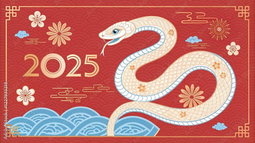 Fototapeta premium Elegant 2025 Year of the Snake Illustration - A vibrant illustration of a snake symbolizing the Year of the Snake 2025 with floral accents and waves on a red background.