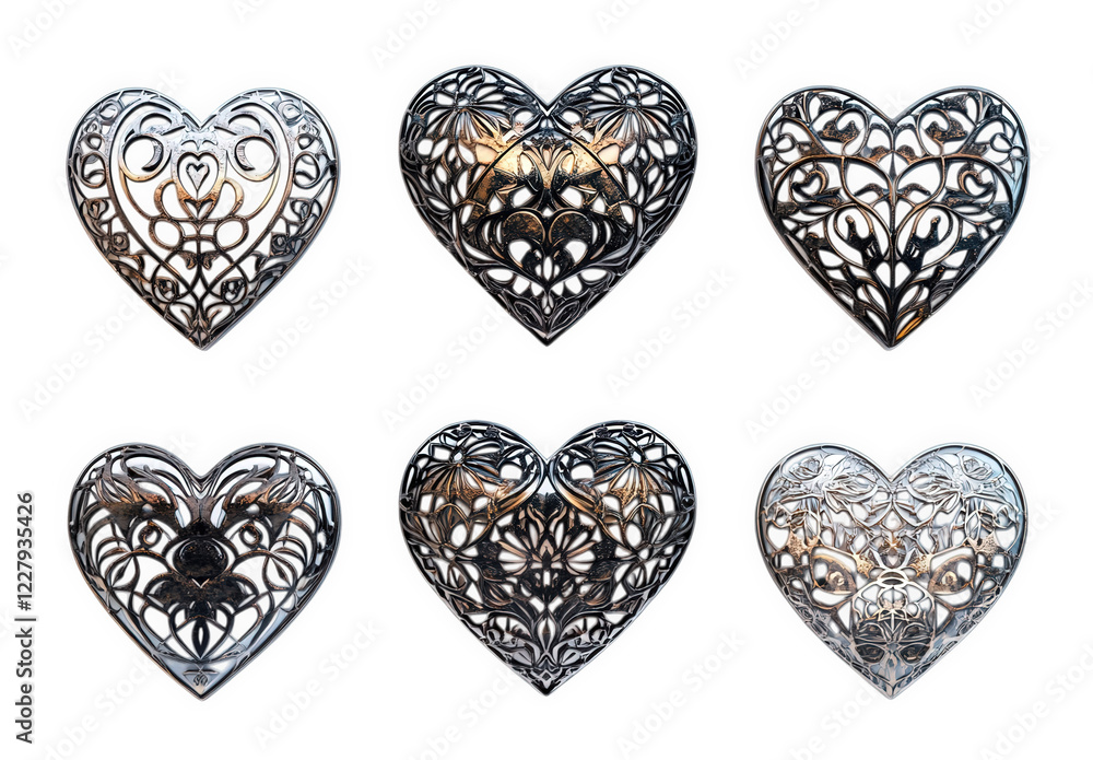 Six Intricate Metal Hearts Ornate Filigree Design Romantic Valentines Decoration Six Intricate Metal Hearts Ornate Filigree Design Romantic Valentines Decoration