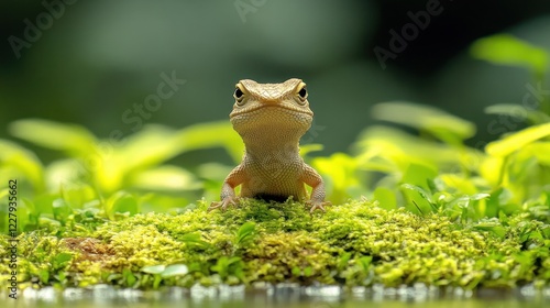 Lizard on moss by water, forest background photo