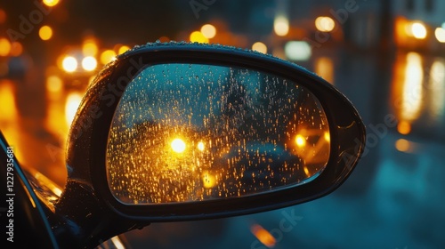 Car mirror reflecting golden streetlights