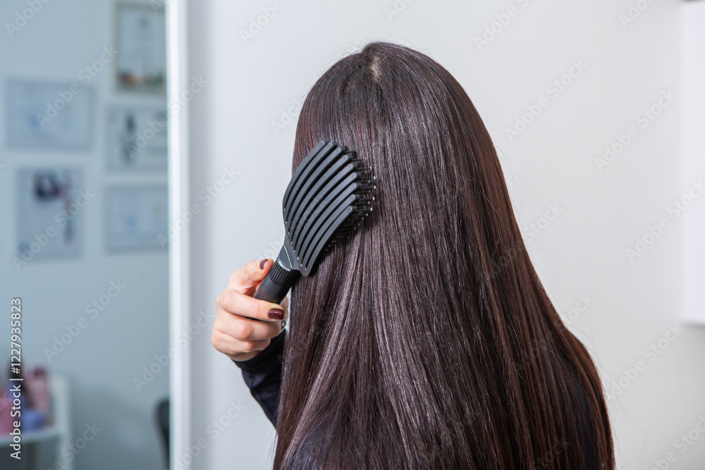 Fototapeta premium Photo of a European girl with long and beautiful brunette hair at the beauty salon. Shiny and healthy hair.