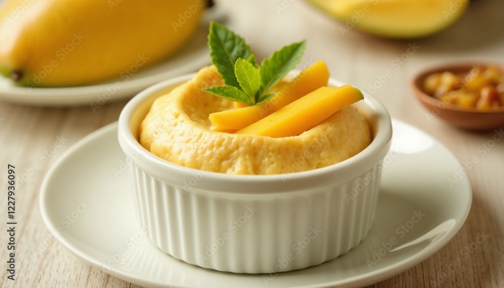 Mango dessert in a bowl with freshness and mint on a wooden table background Mango dessert in a bowl with freshness and mint on a wooden table background