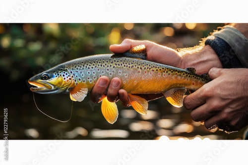 Fisherman showcases freshly caught trout with glistening scales in natural outdoor setting during sunny daylight photo