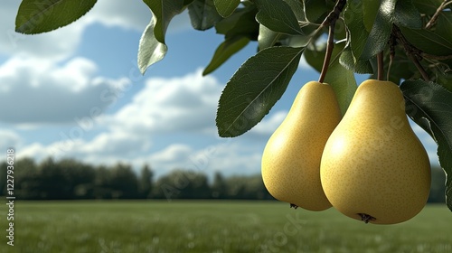 Ripe pears dangle from tree branches in a garden basking in sunlight during a warm summer day, showcasing natural beauty. photo