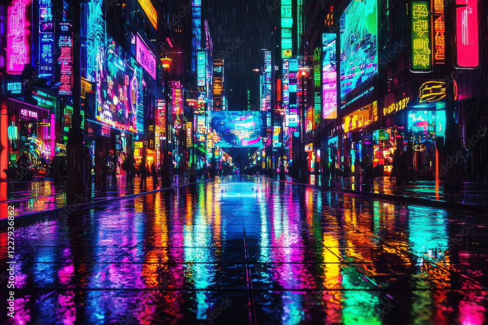 Futuristic cityscape filled with vibrant neon lights reflecting on wet streets during a rainy night Futuristic cityscape filled with vibrant neon lights reflecting on wet streets during a rainy night