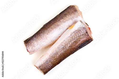 Frozen Hake Fillets Isolated on White Background. photo