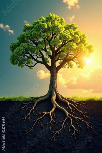 A tree with roots in the ground and leaves reaching for sun, nature, tree